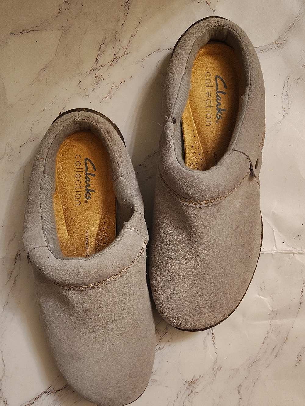 Clarks Gray Suede Slip-On Clogs with Tan Insole